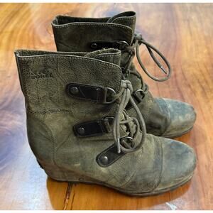 Sorel Joan of Arc Wedge Women's Ankle Boots 9.5 M Leather Brown Lace Up